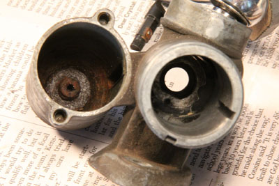 Looking down the barrel and float chamber of the Zundapp KS601's Bing 1/25/3.